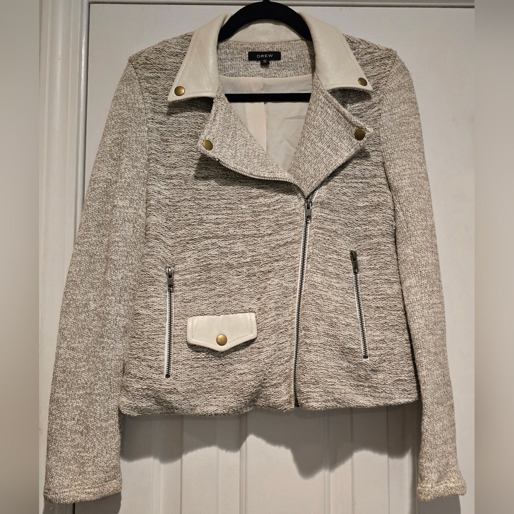 Drew by Anthropologie Women's Size Small Tan Tweed Moto Jacket Leather Collar